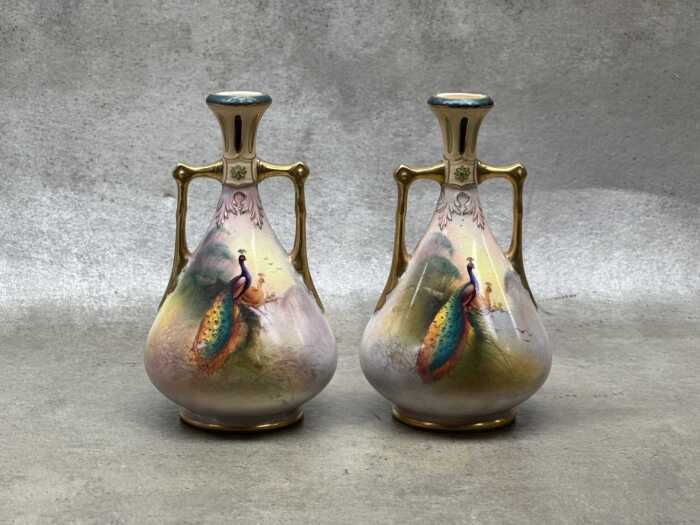 Pair of Crown Devon hand-painted porcelain vases