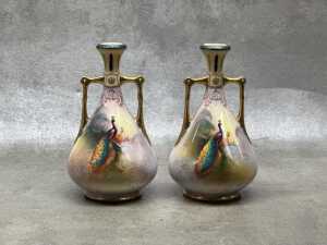 Pair of Crown Devon hand-painted porcelain vases