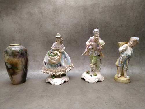 Three porcelain figures together with a vase