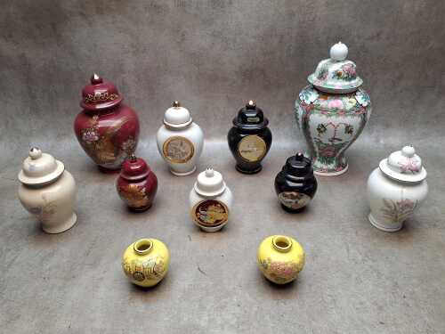 Assorted Oriental porcelain ginger jars and vases including hand-painted, Chokin Art applied 24ct gold, etc