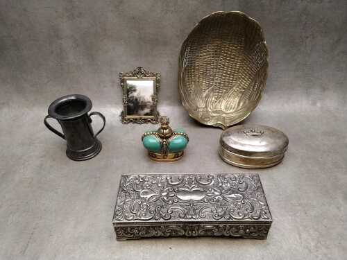 Assorted metal ware including brass bowl, silver-plated lidded boxes, etc