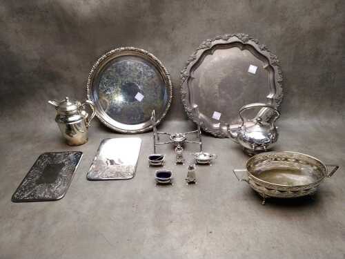 Group of silver-plated items, including Heckworth round serving tray