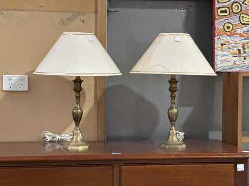 Pair of brass table lamps with fabric shades
