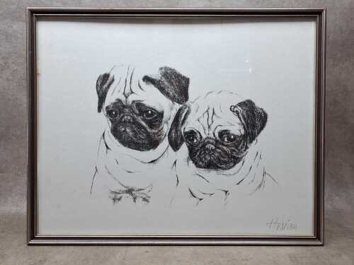 After Hadrian, pair of pugs. Vintage print on paper