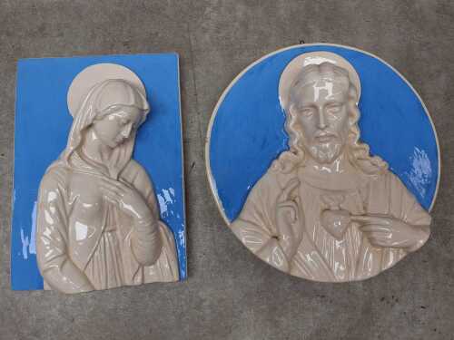 Two Italian porcelain religious wall plaques including The Madonna and Christ