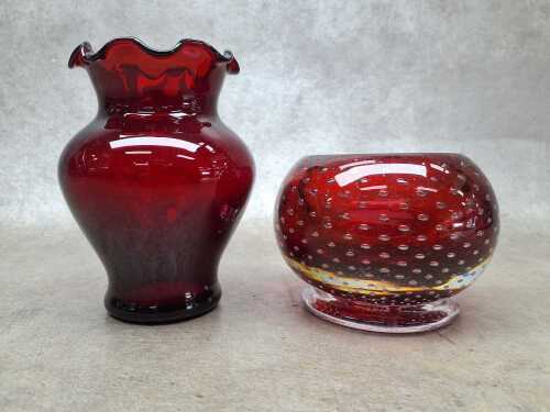 Two ruby glass posy vases including cased, controlled bubble and ruffled rim