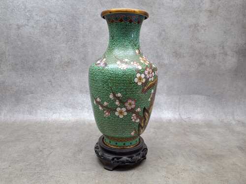 Oriental cloisonne vase with cherry blossom design