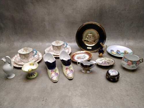 Assorted antique/vintage porcelain including two Aynsley trios, Limoges, Chokin plate, etc.