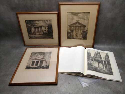 Three framed Australian architectural engravings after Hardy Wilson, together with folio book of prints