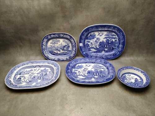 Blue and white ceramic serving ware including Willow Burleigh Ware