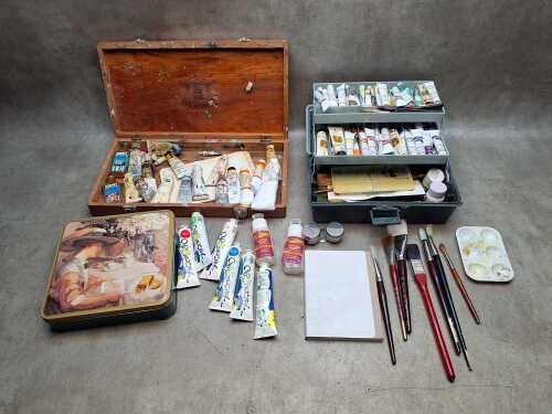 Art supplies in timber boxes