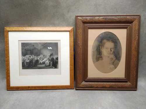 Two artworks including portrait of Kathleen Chatham in charcoal and gouache
