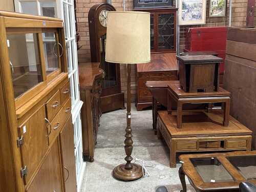 Turned timber floor lamp