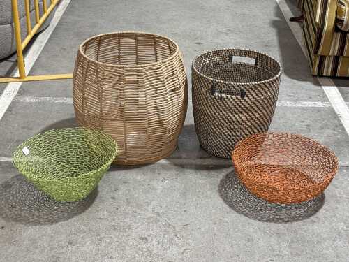Assorted cane baskets and wire bowls