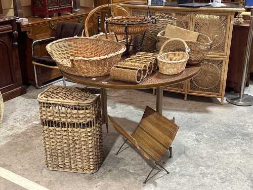 Assorted cane and woven storage baskets