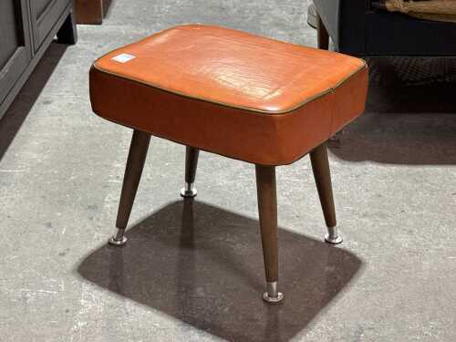 Mid-century footstool with original orange vinyl seat