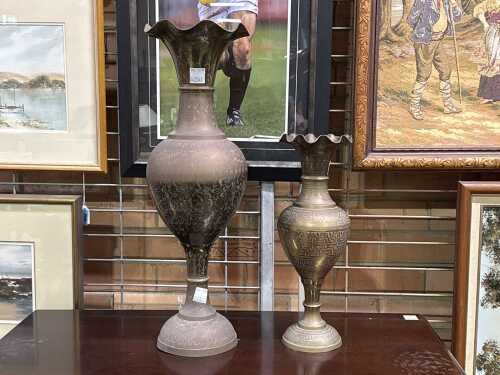 Two brass vases with etched design and ruffles rims