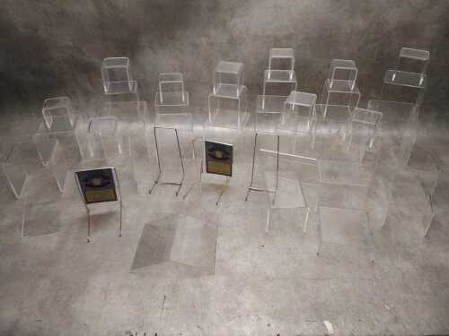 Acrylic shop display stands and metal plates stands in various sizes.