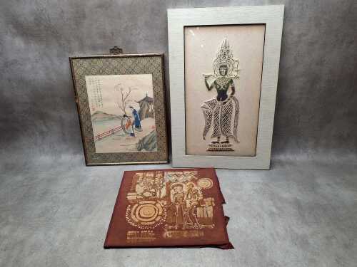 Three Asian artworks including a Chinese print on silk, a Cambodian wall rubbing and an Indonesian batik.