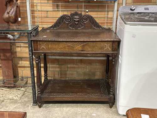 Hand-carved two-tier timber console table