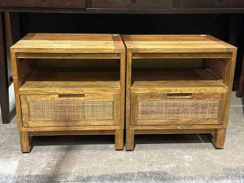 Pair of contemporary timber and cane bedside tables