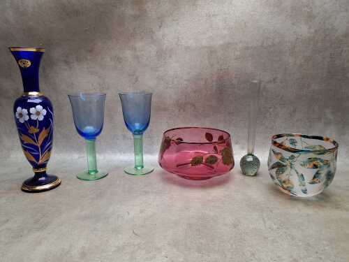 Assorted coloured glass items including gilded vase and serving bowl, etched gum leaf vase, etc.