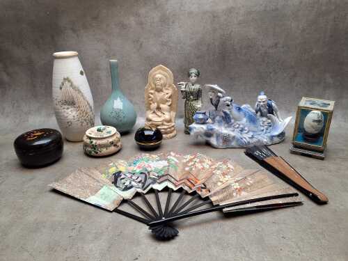 Assorted Oriental decorative items including porcelain figures, vases, painted egg, etc.