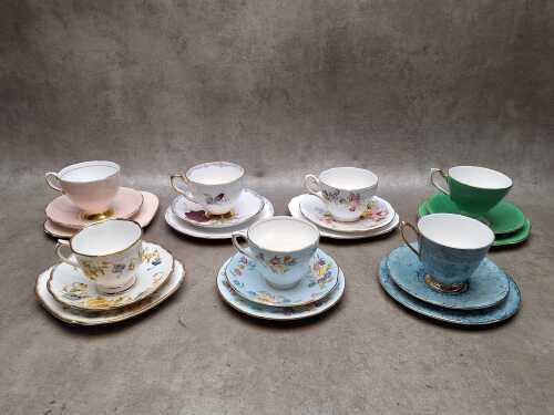 Seven English porcelain trios including Royal Albert, Tuscan, Royal Standard, etc.