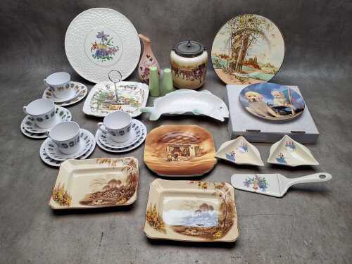 Vintage English porcelain including Royal Doulton silver-mounted biscuit barrel, Carlton Ware vases, etc