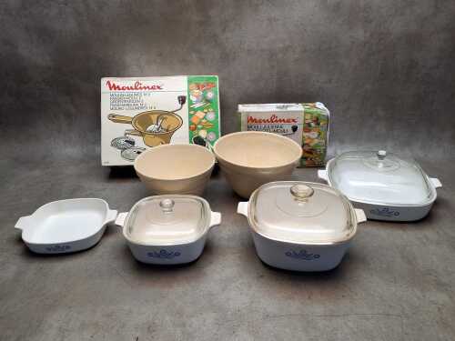 Vintage kitchenalia including Moulinex mouli, Corningware Cornflower casserole dishes, etc.