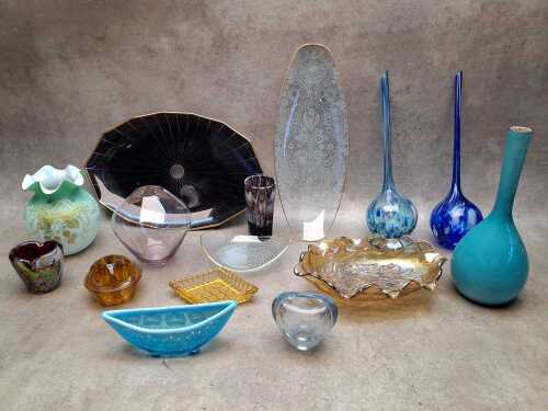 Vintage and antique glass pieces, including Victorian hand-painted cased glass vase