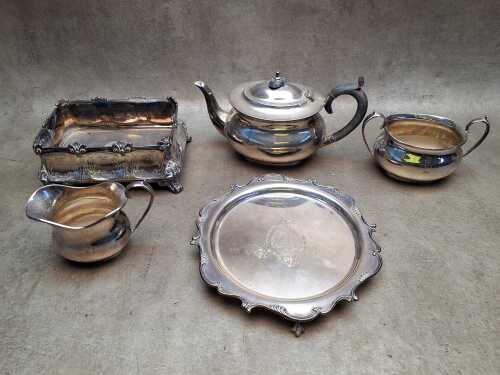 Antique silver plate including three piece tea service