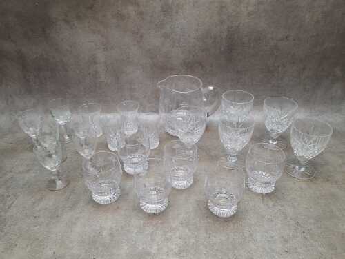 Assorted crystal glassware including Stuart Crystal seven piece drink set with jug, stemware, etc