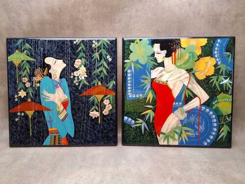 Pair of brightly coloured Asian inlaid and lacquered pictures.