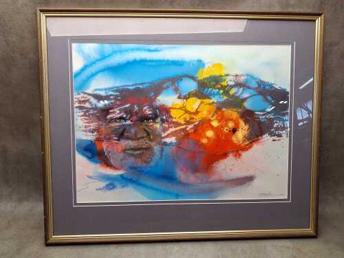 Stronach, colourful dreamtime scenes with lizard and face (2). Two Mixed media artworks on paper