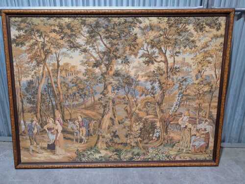 Vintage Arazzo Rococo-style tapestry in carved timber frame