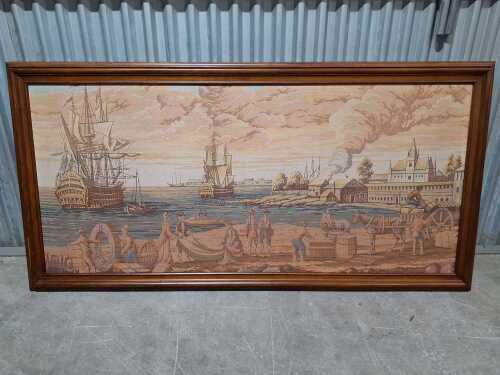Vintage tapestry of Venetian lagoon in timber frame