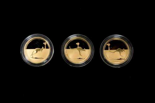 Kangaroo in Outback 2010 three coin 0.999 gold proof set, $25 and 1/5 ounce each
