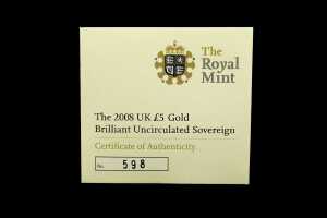 The 2008 UK &pound;5 0.9167 gold brilliant uncirculated sovereign, 39.94 grams - 4