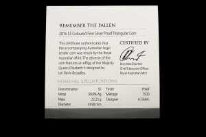 Remember The Fallen 2016 $5 coloured fine silver proof triangular coin, 22.23g - 5