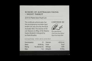 Echoes of Australian Fauna - Night Parrot 2019 $5 plated silver proof coin, 1oz - 5