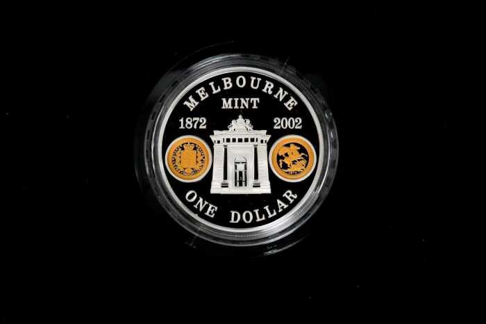 Melbourne Mint 130 Years 2002 $1 silver and gold proof coin, 1oz silver 0.25g gold