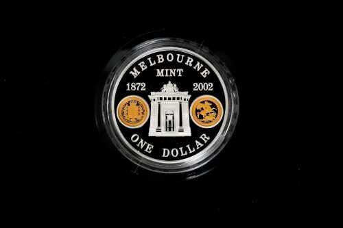 Melbourne Mint 130 Years 2002 $1 silver and gold proof coin, 1oz silver 0.25g gold