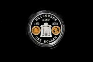 Melbourne Mint 130 Years 2002 $1 silver and gold proof coin, 1oz silver 0.25g gold