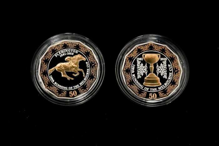 150th Running of the Melbourne Cup 2010 50c selectively gold plated silver proof two-coin set