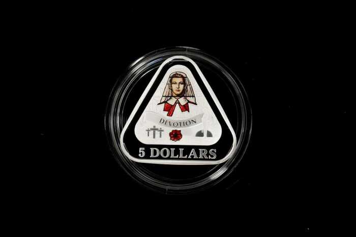 Front Line Angels 2017 $5 coloured fine silver proof triangular coin, 22.23g