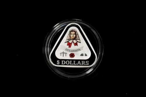 Front Line Angels 2017 $5 coloured fine silver proof triangular coin, 22.23g