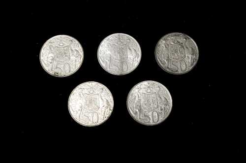 5 x 1966 Australian round 50 cent coins