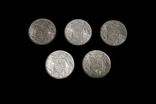 5 x 1966 Australian round 50 cent coins
