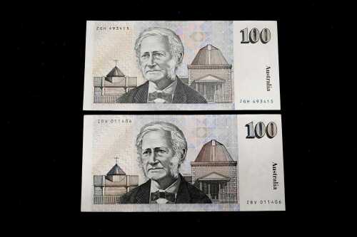 Two Sir Douglas Mawson $100 paper banknotes